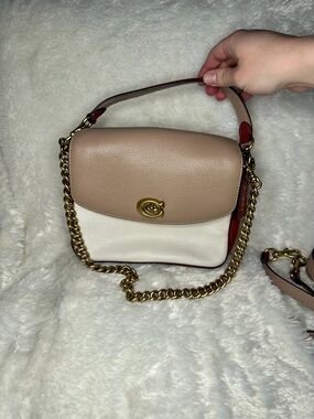 Coach two-Tone Beige and White Leather Shoulder Bag with Gold Chain